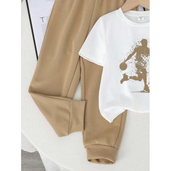 SHEIN Set de 2 piezas compuesto por camiseta de manga corta de cuello redondo y pantalones casuales y sencillos para niño, adecuado para el verano - Image 50