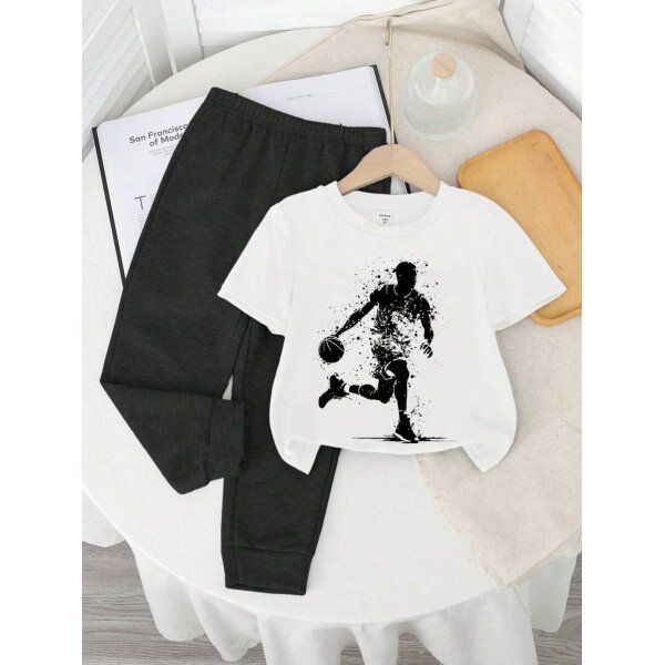 SHEIN Set de 2 piezas compuesto por camiseta de manga corta de cuello redondo y pantalones casuales y sencillos para niño, adecuado para el verano - Image 71