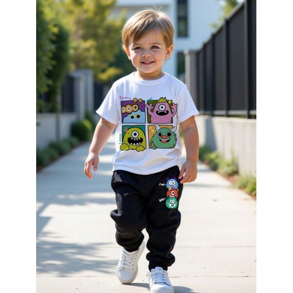 SHEIN Set de 2 piezas compuesto por camiseta de manga corta de cuello redondo y pantalones casuales y sencillos para niño, adecuado para el verano - Image 75