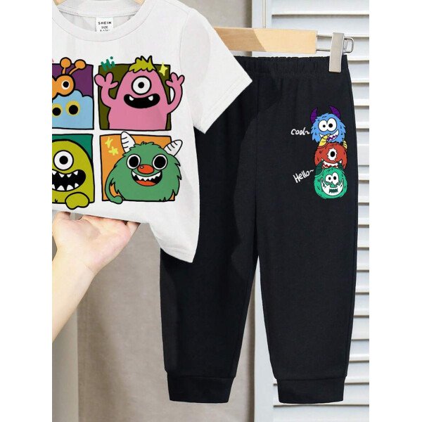 SHEIN Set de 2 piezas compuesto por camiseta de manga corta de cuello redondo y pantalones casuales y sencillos para niño, adecuado para el verano - Image 79