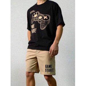SHEIN Set de 2 piezas de camiseta con estampado gráfico de videojuegos y pantalones cortos casuales para adolescentes varones, conjunto de verano hecho de algodón
