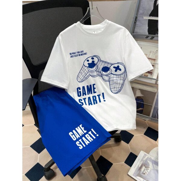 SHEIN Set de 2 piezas de camiseta con estampado gráfico de videojuegos y pantalones cortos casuales para adolescentes varones, conjunto de verano hecho de algodón - Image 2