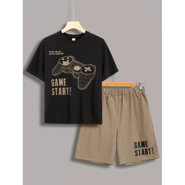 SHEIN Set de 2 piezas de camiseta con estampado gráfico de videojuegos y pantalones cortos casuales para adolescentes varones, conjunto de verano hecho de algodón - Image 12
