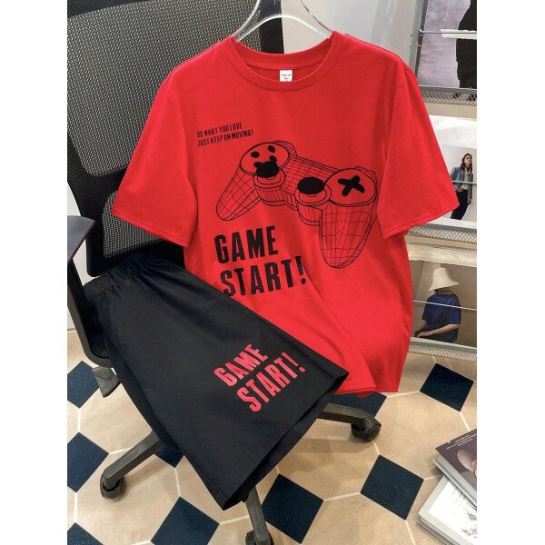SHEIN Set de 2 piezas de camiseta con estampado gráfico de videojuegos y pantalones cortos casuales para adolescentes varones, conjunto de verano hecho de algodón - Image 16