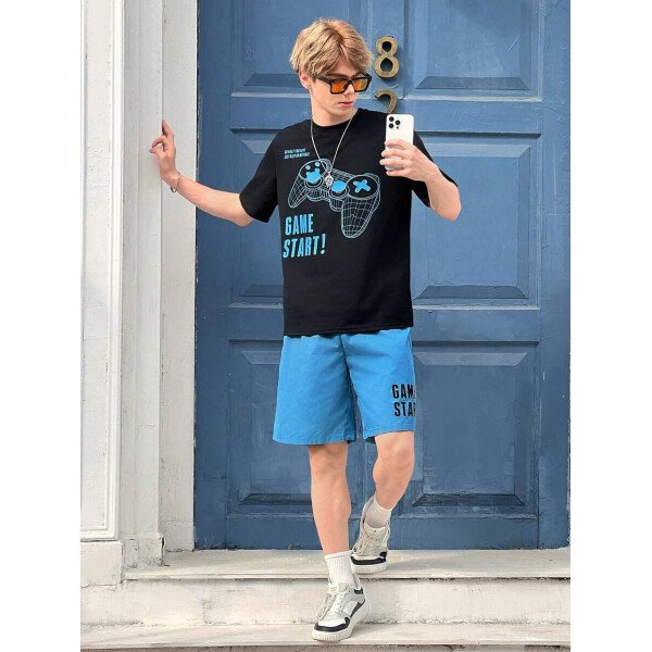 SHEIN Set de 2 piezas de camiseta con estampado gráfico de videojuegos y pantalones cortos casuales para adolescentes varones, conjunto de verano hecho de algodón - Image 26
