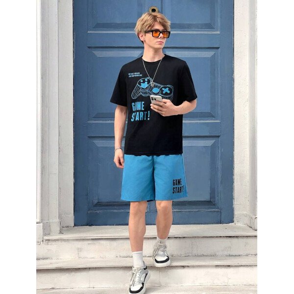 SHEIN Set de 2 piezas de camiseta con estampado gráfico de videojuegos y pantalones cortos casuales para adolescentes varones, conjunto de verano hecho de algodón - Image 27