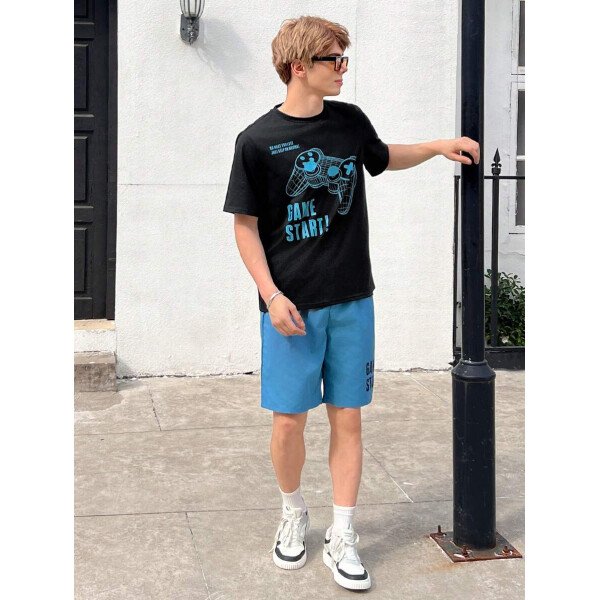 SHEIN Set de 2 piezas de camiseta con estampado gráfico de videojuegos y pantalones cortos casuales para adolescentes varones, conjunto de verano hecho de algodón - Image 28