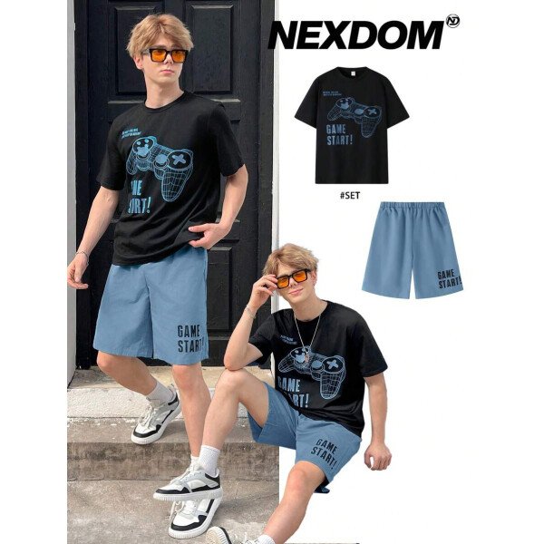 SHEIN Set de 2 piezas de camiseta con estampado gráfico de videojuegos y pantalones cortos casuales para adolescentes varones, conjunto de verano hecho de algodón - Image 36