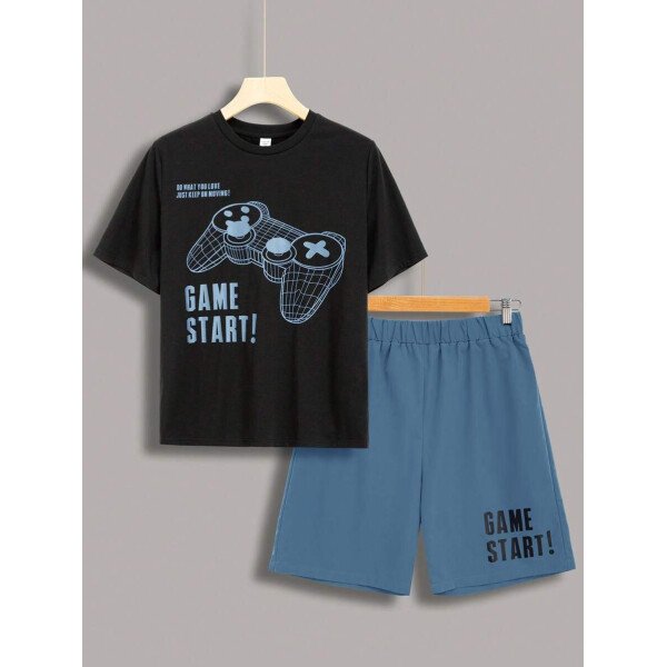 SHEIN Set de 2 piezas de camiseta con estampado gráfico de videojuegos y pantalones cortos casuales para adolescentes varones, conjunto de verano hecho de algodón - Image 43