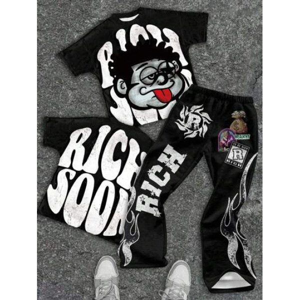 SHEIN Conjunto informal de 2 piezas para niño preadolescente con camiseta de cuello redondo con estampado de personaje de dibujos animados y texto "Rich Soon", y pantalones acampanados con estampado de bolsa de dinero y llamas, adecuado para verano, ropa urbana, música rock, casual elegante