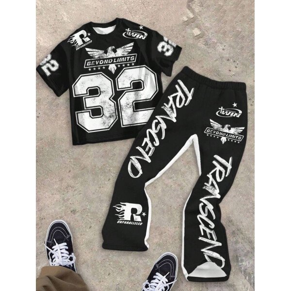 SHEIN Conjunto informal de 2 piezas para niño preadolescente con camiseta de cuello redondo con estampado de personaje de dibujos animados y texto "Rich Soon", y pantalones acampanados con estampado de bolsa de dinero y llamas, adecuado para verano, ropa urbana, música rock, casual elegante - Image 3