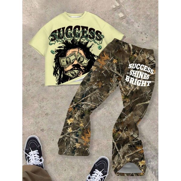 SHEIN Conjunto informal de 2 piezas para niño preadolescente con camiseta de cuello redondo con estampado de personaje de dibujos animados y texto "Rich Soon", y pantalones acampanados con estampado de bolsa de dinero y llamas, adecuado para verano, ropa urbana, música rock, casual elegante - Image 8