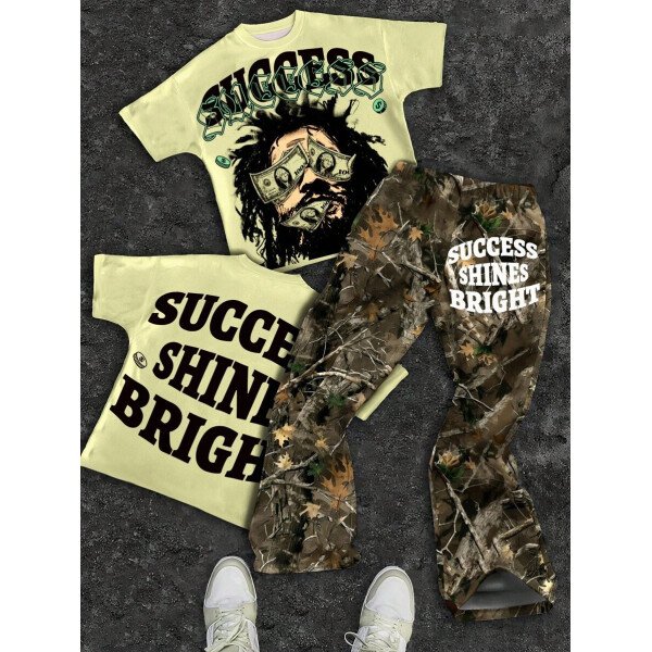 SHEIN Conjunto informal de 2 piezas para niño preadolescente con camiseta de cuello redondo con estampado de personaje de dibujos animados y texto "Rich Soon", y pantalones acampanados con estampado de bolsa de dinero y llamas, adecuado para verano, ropa urbana, música rock, casual elegante - Image 9