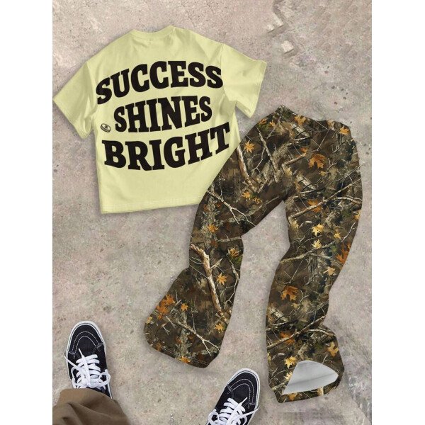 SHEIN Conjunto informal de 2 piezas para niño preadolescente con camiseta de cuello redondo con estampado de personaje de dibujos animados y texto "Rich Soon", y pantalones acampanados con estampado de bolsa de dinero y llamas, adecuado para verano, ropa urbana, música rock, casual elegante - Image 10