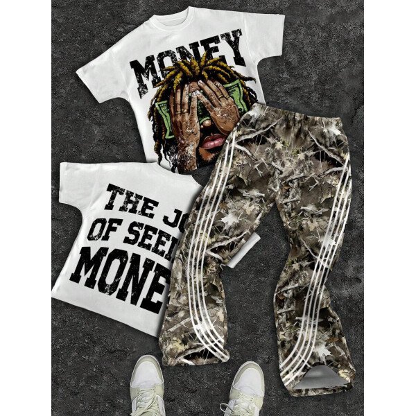 SHEIN Conjunto informal de 2 piezas para niño preadolescente con camiseta de cuello redondo con estampado de personaje de dibujos animados y texto "Rich Soon", y pantalones acampanados con estampado de bolsa de dinero y llamas, adecuado para verano, ropa urbana, música rock, casual elegante - Image 14