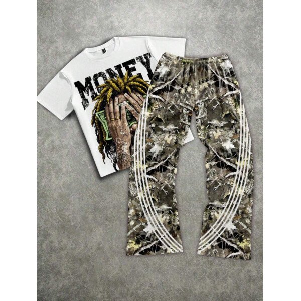 SHEIN Conjunto informal de 2 piezas para niño preadolescente con camiseta de cuello redondo con estampado de personaje de dibujos animados y texto "Rich Soon", y pantalones acampanados con estampado de bolsa de dinero y llamas, adecuado para verano, ropa urbana, música rock, casual elegante - Image 15