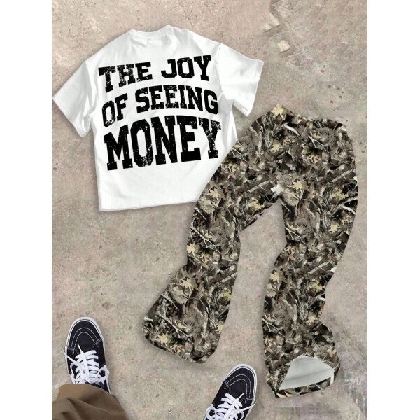 SHEIN Conjunto informal de 2 piezas para niño preadolescente con camiseta de cuello redondo con estampado de personaje de dibujos animados y texto "Rich Soon", y pantalones acampanados con estampado de bolsa de dinero y llamas, adecuado para verano, ropa urbana, música rock, casual elegante - Image 16