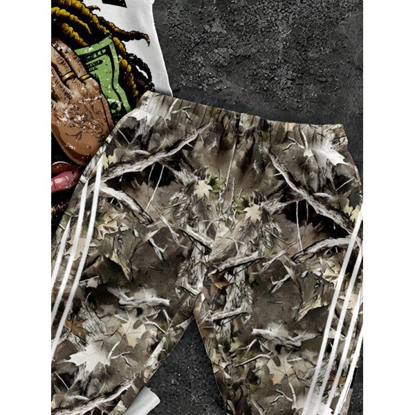 SHEIN Conjunto informal de 2 piezas para niño preadolescente con camiseta de cuello redondo con estampado de personaje de dibujos animados y texto "Rich Soon", y pantalones acampanados con estampado de bolsa de dinero y llamas, adecuado para verano, ropa urbana, música rock, casual elegante - Image 19