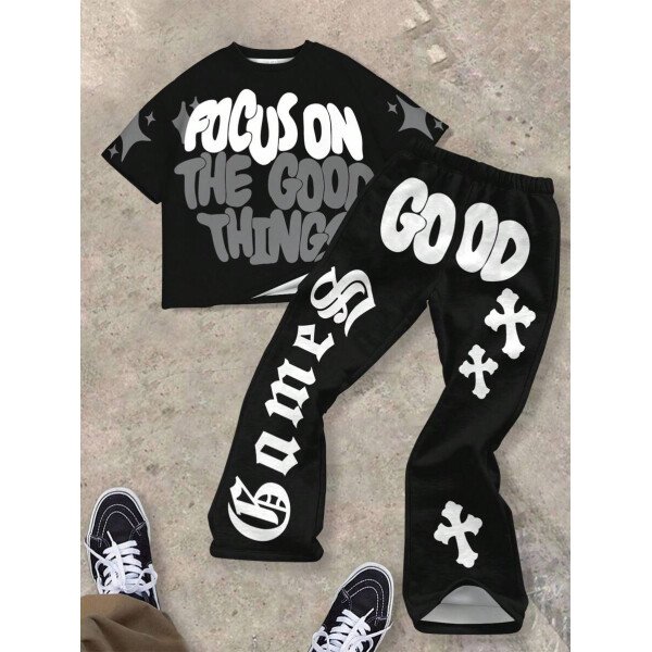 SHEIN Conjunto informal de 2 piezas para niño preadolescente con camiseta de cuello redondo con estampado de personaje de dibujos animados y texto "Rich Soon", y pantalones acampanados con estampado de bolsa de dinero y llamas, adecuado para verano, ropa urbana, música rock, casual elegante - Image 20