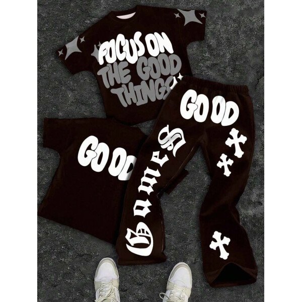 SHEIN Conjunto informal de 2 piezas para niño preadolescente con camiseta de cuello redondo con estampado de personaje de dibujos animados y texto "Rich Soon", y pantalones acampanados con estampado de bolsa de dinero y llamas, adecuado para verano, ropa urbana, música rock, casual elegante - Image 21