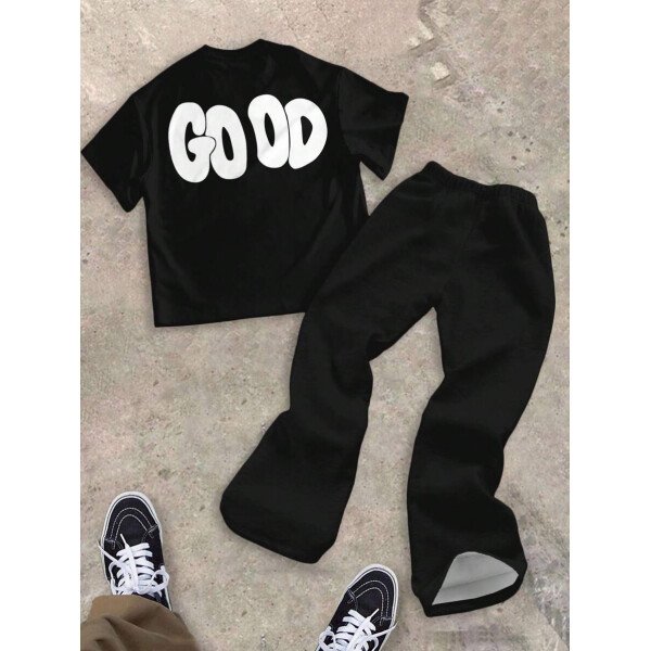 SHEIN Conjunto informal de 2 piezas para niño preadolescente con camiseta de cuello redondo con estampado de personaje de dibujos animados y texto "Rich Soon", y pantalones acampanados con estampado de bolsa de dinero y llamas, adecuado para verano, ropa urbana, música rock, casual elegante - Image 22