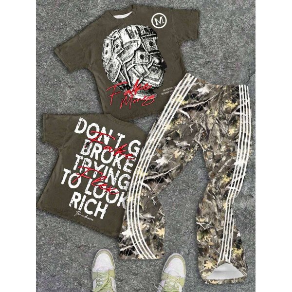 SHEIN Conjunto informal de 2 piezas para niño preadolescente con camiseta de cuello redondo con estampado de personaje de dibujos animados y texto "Rich Soon", y pantalones acampanados con estampado de bolsa de dinero y llamas, adecuado para verano, ropa urbana, música rock, casual elegante - Image 26