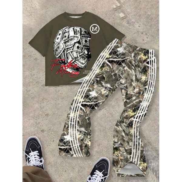 SHEIN Conjunto informal de 2 piezas para niño preadolescente con camiseta de cuello redondo con estampado de personaje de dibujos animados y texto "Rich Soon", y pantalones acampanados con estampado de bolsa de dinero y llamas, adecuado para verano, ropa urbana, música rock, casual elegante - Image 27