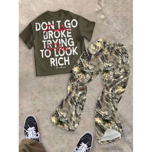 SHEIN Conjunto informal de 2 piezas para niño preadolescente con camiseta de cuello redondo con estampado de personaje de dibujos animados y texto "Rich Soon", y pantalones acampanados con estampado de bolsa de dinero y llamas, adecuado para verano, ropa urbana, música rock, casual elegante - Image 28