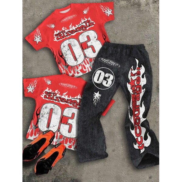 SHEIN Conjunto informal de 2 piezas para niño preadolescente con camiseta de cuello redondo con estampado de personaje de dibujos animados y texto "Rich Soon", y pantalones acampanados con estampado de bolsa de dinero y llamas, adecuado para verano, ropa urbana, música rock, casual elegante - Image 32