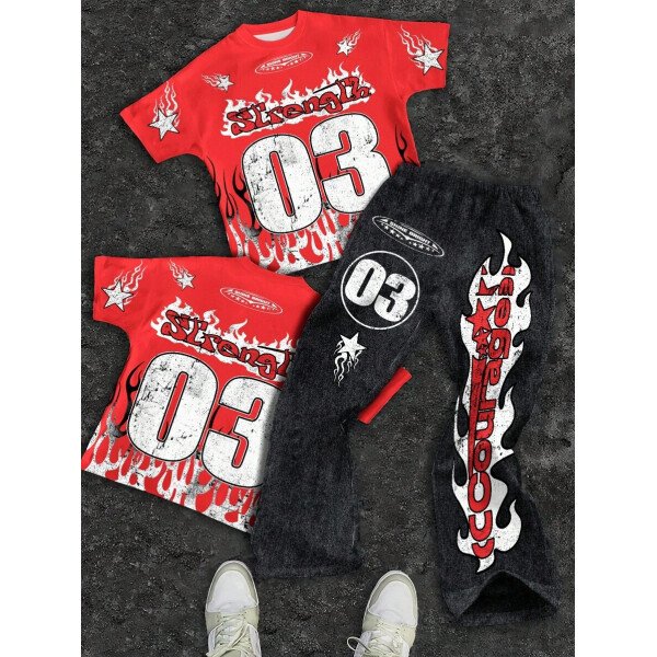 SHEIN Conjunto informal de 2 piezas para niño preadolescente con camiseta de cuello redondo con estampado de personaje de dibujos animados y texto "Rich Soon", y pantalones acampanados con estampado de bolsa de dinero y llamas, adecuado para verano, ropa urbana, música rock, casual elegante - Image 33