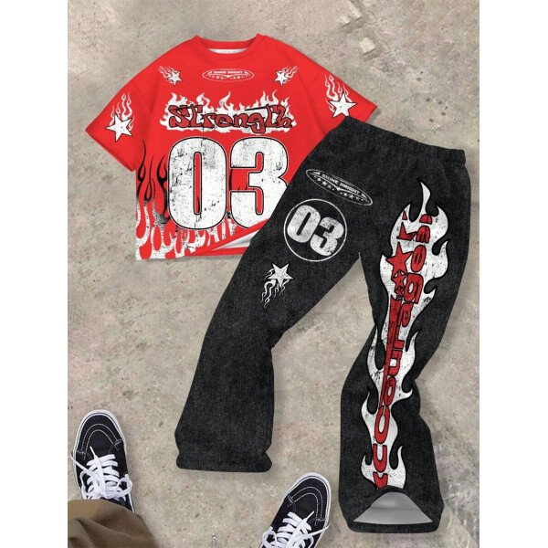SHEIN Conjunto informal de 2 piezas para niño preadolescente con camiseta de cuello redondo con estampado de personaje de dibujos animados y texto "Rich Soon", y pantalones acampanados con estampado de bolsa de dinero y llamas, adecuado para verano, ropa urbana, música rock, casual elegante - Image 34