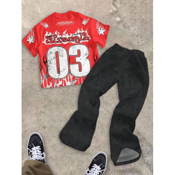 SHEIN Conjunto informal de 2 piezas para niño preadolescente con camiseta de cuello redondo con estampado de personaje de dibujos animados y texto "Rich Soon", y pantalones acampanados con estampado de bolsa de dinero y llamas, adecuado para verano, ropa urbana, música rock, casual elegante - Image 35