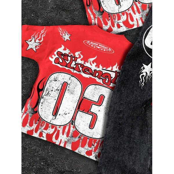 SHEIN Conjunto informal de 2 piezas para niño preadolescente con camiseta de cuello redondo con estampado de personaje de dibujos animados y texto "Rich Soon", y pantalones acampanados con estampado de bolsa de dinero y llamas, adecuado para verano, ropa urbana, música rock, casual elegante - Image 37