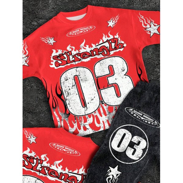 SHEIN Conjunto informal de 2 piezas para niño preadolescente con camiseta de cuello redondo con estampado de personaje de dibujos animados y texto "Rich Soon", y pantalones acampanados con estampado de bolsa de dinero y llamas, adecuado para verano, ropa urbana, música rock, casual elegante - Image 38