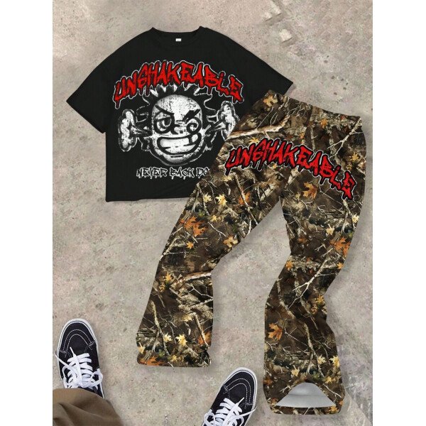 SHEIN Conjunto informal de 2 piezas para niño preadolescente con camiseta de cuello redondo con estampado de personaje de dibujos animados y texto "Rich Soon", y pantalones acampanados con estampado de bolsa de dinero y llamas, adecuado para verano, ropa urbana, música rock, casual elegante - Image 39