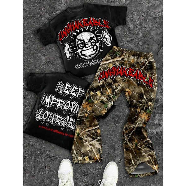 SHEIN Conjunto informal de 2 piezas para niño preadolescente con camiseta de cuello redondo con estampado de personaje de dibujos animados y texto "Rich Soon", y pantalones acampanados con estampado de bolsa de dinero y llamas, adecuado para verano, ropa urbana, música rock, casual elegante - Image 40