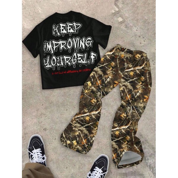 SHEIN Conjunto informal de 2 piezas para niño preadolescente con camiseta de cuello redondo con estampado de personaje de dibujos animados y texto "Rich Soon", y pantalones acampanados con estampado de bolsa de dinero y llamas, adecuado para verano, ropa urbana, música rock, casual elegante - Image 41