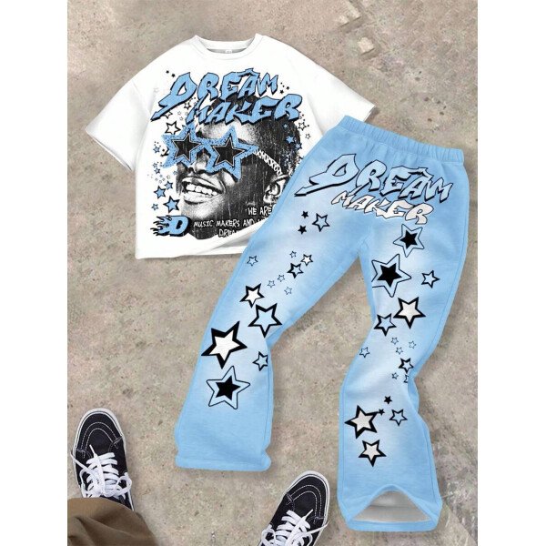 SHEIN Conjunto informal de 2 piezas para niño preadolescente con camiseta de cuello redondo con estampado de personaje de dibujos animados y texto "Rich Soon", y pantalones acampanados con estampado de bolsa de dinero y llamas, adecuado para verano, ropa urbana, música rock, casual elegante - Image 46