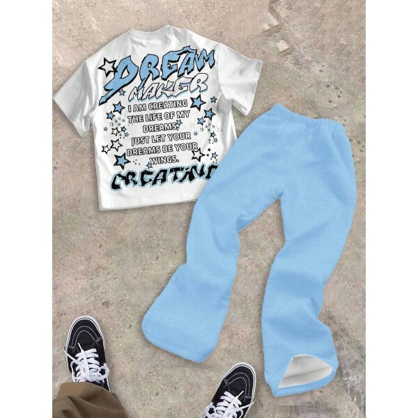 SHEIN Conjunto informal de 2 piezas para niño preadolescente con camiseta de cuello redondo con estampado de personaje de dibujos animados y texto "Rich Soon", y pantalones acampanados con estampado de bolsa de dinero y llamas, adecuado para verano, ropa urbana, música rock, casual elegante - Image 47