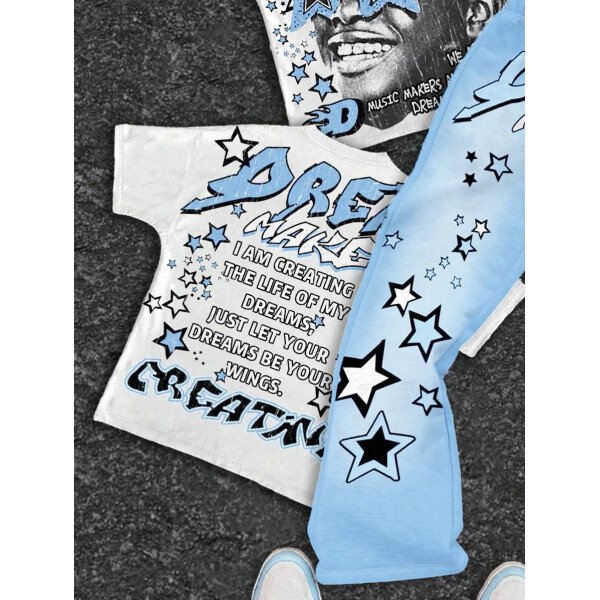 SHEIN Conjunto informal de 2 piezas para niño preadolescente con camiseta de cuello redondo con estampado de personaje de dibujos animados y texto "Rich Soon", y pantalones acampanados con estampado de bolsa de dinero y llamas, adecuado para verano, ropa urbana, música rock, casual elegante - Image 49