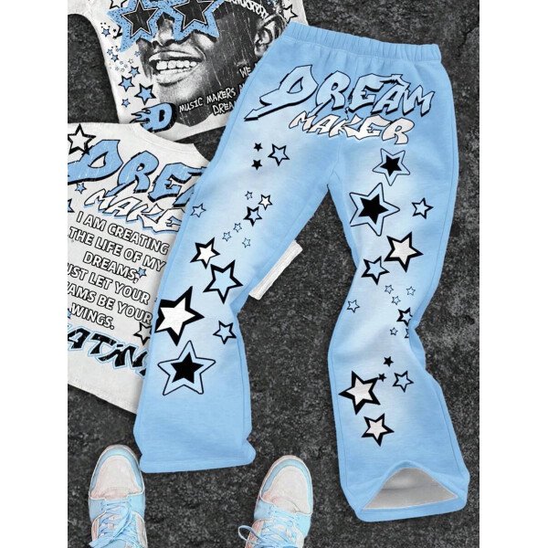 SHEIN Conjunto informal de 2 piezas para niño preadolescente con camiseta de cuello redondo con estampado de personaje de dibujos animados y texto "Rich Soon", y pantalones acampanados con estampado de bolsa de dinero y llamas, adecuado para verano, ropa urbana, música rock, casual elegante - Image 50