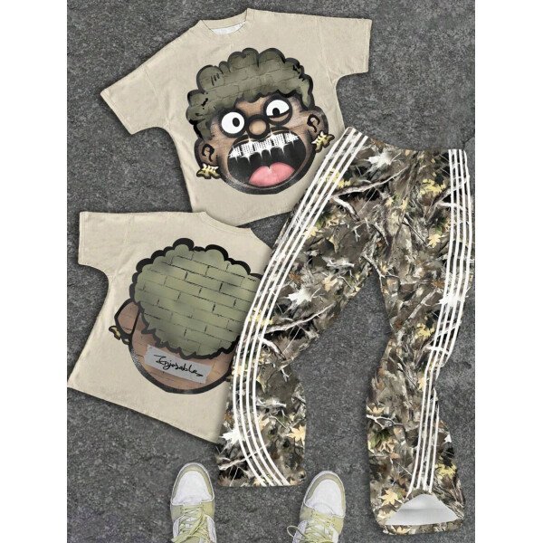 SHEIN Conjunto informal de 2 piezas para niño preadolescente con camiseta de cuello redondo con estampado de personaje de dibujos animados y texto "Rich Soon", y pantalones acampanados con estampado de bolsa de dinero y llamas, adecuado para verano, ropa urbana, música rock, casual elegante - Image 51