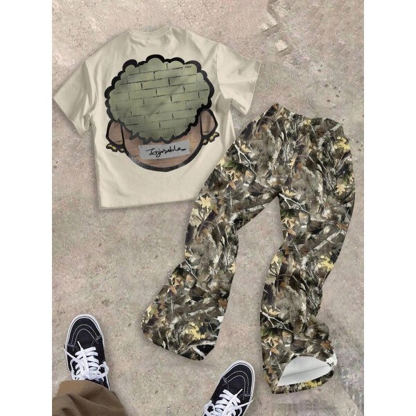 SHEIN Conjunto informal de 2 piezas para niño preadolescente con camiseta de cuello redondo con estampado de personaje de dibujos animados y texto "Rich Soon", y pantalones acampanados con estampado de bolsa de dinero y llamas, adecuado para verano, ropa urbana, música rock, casual elegante - Image 53