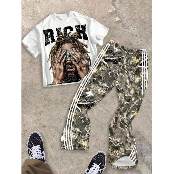 SHEIN Conjunto informal de 2 piezas para niño preadolescente con camiseta de cuello redondo con estampado de personaje de dibujos animados y texto "Rich Soon", y pantalones acampanados con estampado de bolsa de dinero y llamas, adecuado para verano, ropa urbana, música rock, casual elegante - Image 57