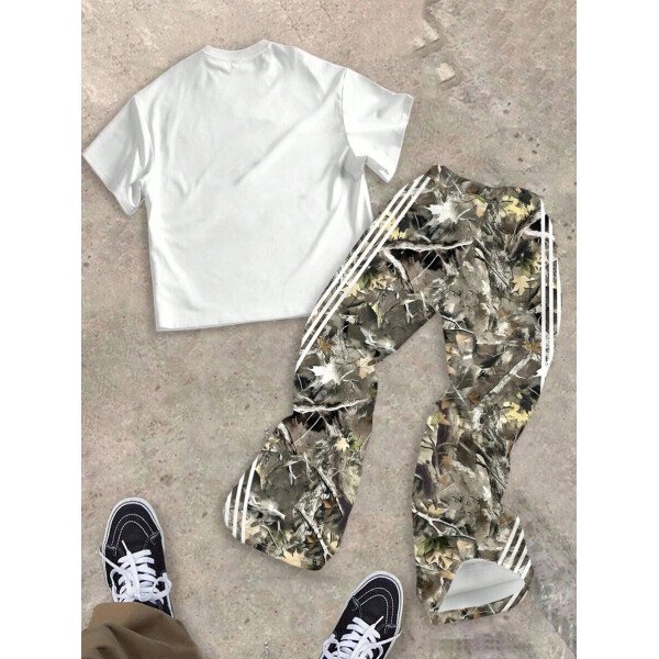 SHEIN Conjunto informal de 2 piezas para niño preadolescente con camiseta de cuello redondo con estampado de personaje de dibujos animados y texto "Rich Soon", y pantalones acampanados con estampado de bolsa de dinero y llamas, adecuado para verano, ropa urbana, música rock, casual elegante - Image 58