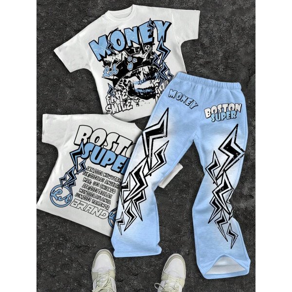 SHEIN Conjunto informal de 2 piezas para niño preadolescente con camiseta de cuello redondo con estampado de personaje de dibujos animados y texto "Rich Soon", y pantalones acampanados con estampado de bolsa de dinero y llamas, adecuado para verano, ropa urbana, música rock, casual elegante - Image 61