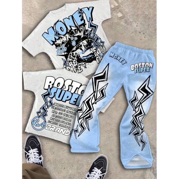 SHEIN Conjunto informal de 2 piezas para niño preadolescente con camiseta de cuello redondo con estampado de personaje de dibujos animados y texto "Rich Soon", y pantalones acampanados con estampado de bolsa de dinero y llamas, adecuado para verano, ropa urbana, música rock, casual elegante - Image 62