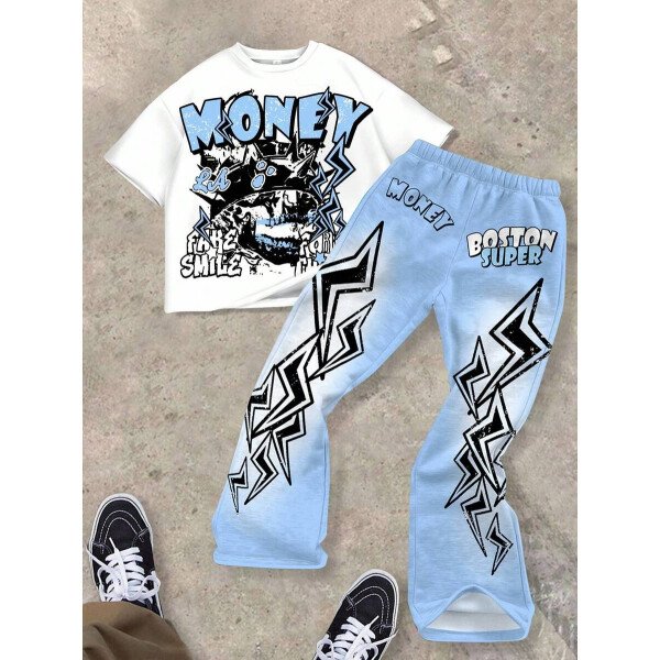 SHEIN Conjunto informal de 2 piezas para niño preadolescente con camiseta de cuello redondo con estampado de personaje de dibujos animados y texto "Rich Soon", y pantalones acampanados con estampado de bolsa de dinero y llamas, adecuado para verano, ropa urbana, música rock, casual elegante - Image 63