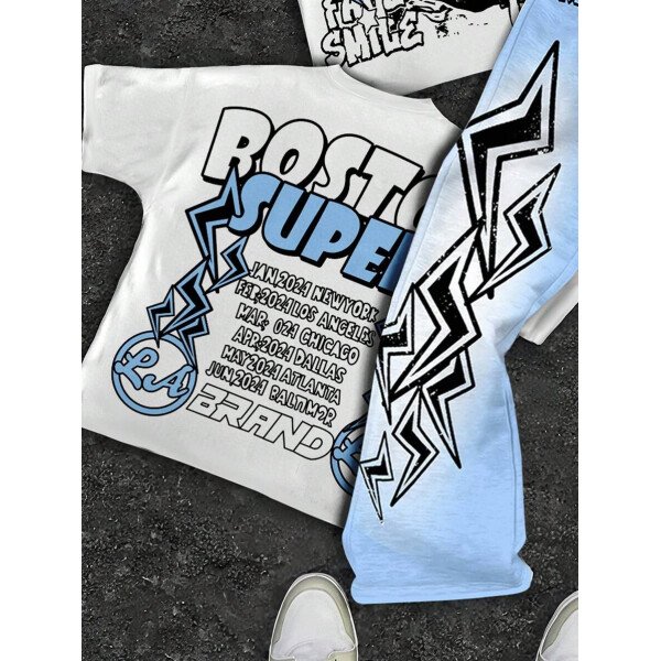 SHEIN Conjunto informal de 2 piezas para niño preadolescente con camiseta de cuello redondo con estampado de personaje de dibujos animados y texto "Rich Soon", y pantalones acampanados con estampado de bolsa de dinero y llamas, adecuado para verano, ropa urbana, música rock, casual elegante - Image 65