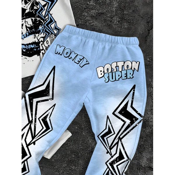 SHEIN Conjunto informal de 2 piezas para niño preadolescente con camiseta de cuello redondo con estampado de personaje de dibujos animados y texto "Rich Soon", y pantalones acampanados con estampado de bolsa de dinero y llamas, adecuado para verano, ropa urbana, música rock, casual elegante - Image 66